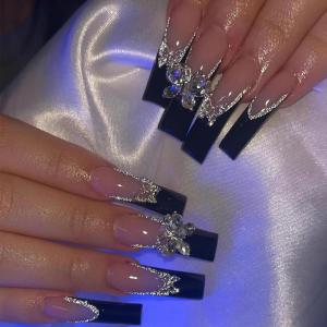 image:imageBABALAL Press On Nails Long Square Fake Nails Purple Ombre With 3d Floral amp Polka Dot Glossy Full Cover Glue On Nails For Women And Girls 24PcsbbfnH018