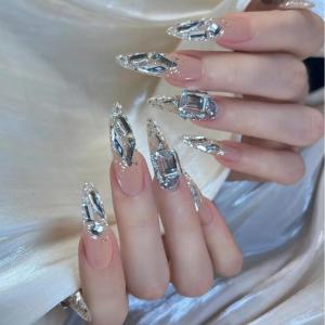 image:imageBABALAL Press On Nails Long Stiletto Fake Nails Black Glossy with 3D Rhinestone Crystal Design Gothic Punk Glue On Nails for Women and Girls 24PcsNq204shiny