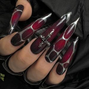image:imageBABALAL Press On Nails Long Stiletto Fake Nails Black Glossy with 3D Rhinestone Crystal Design Gothic Punk Glue On Nails for Women and Girls 24PcsNq201black