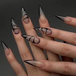 image:imageBABALAL Press On Nails Long Stiletto Fake Nails Black Glossy with 3D Rhinestone Crystal Design Gothic Punk Glue On Nails for Women and Girls 24PcsNq209black