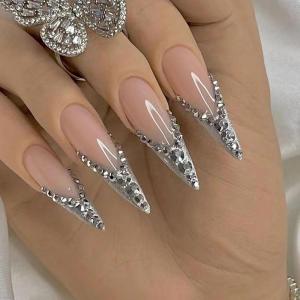 image:imageBABALAL Press On Nails Long Stiletto Fake Nails Black Glossy with 3D Rhinestone Crystal Design Gothic Punk Glue On Nails for Women and Girls 24PcsNq205french