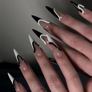 image:imageBABALAL Press On Nails Long Stiletto Fake Nails Black Glossy with 3D Rhinestone Crystal Design Gothic Punk Glue On Nails for Women and Girls 24PcsNq205bw