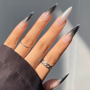 image:imageBABALAL Press On Nails Long Stiletto Fake Nails Black Glossy with 3D Rhinestone Crystal Design Gothic Punk Glue On Nails for Women and Girls 24PcsNq208black