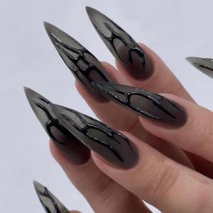 image:imageBABALAL Press On Nails Long Stiletto Fake Nails Black Glossy with 3D Rhinestone Crystal Design Gothic Punk Glue On Nails for Women and Girls 24PcsNq216black