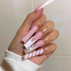 image:imageBABALAL Press On Nails Long Stiletto Fake Nails Black Gothic With Silver Chain amp Pink Bow Y2k Full Cover Glue On Nails For Women And Girls 24Pcs XL Custom ReusableBNV102snowflake