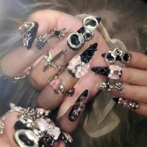 image:imageBABALAL Press On Nails Long Stiletto Fake Nails Black Gothic With Silver Chain amp Pink Bow Y2k Full Cover Glue On Nails For Women And Girls 24Pcs XL Custom ReusableBNV10102