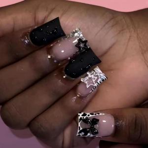 image:imageBABALAL Press On Nails Long Stiletto Fake Nails Black Gothic With Silver Chain amp Pink Bow Y2k Full Cover Glue On Nails For Women And Girls 24Pcs XL Custom ReusableBNV103