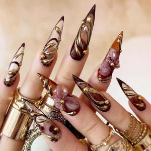 image:imageBABALAL Press On Nails Long Stiletto Fake Nails Black Gothic With Silver Chain amp Pink Bow Y2k Full Cover Glue On Nails For Women And Girls 24Pcs XL Custom ReusableBNV101gold