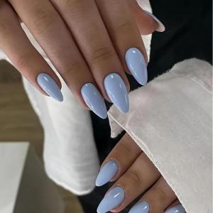 image:imageBABALAL Press On Nails Medium Almond Fake Nails Baby Blue Solid Color Glossy Simple Aesthetic Glue On Nails for Women and Girls 24PcsBFNZ00901