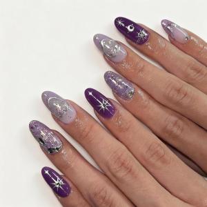 image:imageBABALAL Press On Nails Medium Almond Fake Nails Baby Blue Solid Color Glossy Simple Aesthetic Glue On Nails for Women and Girls 24PcsBFNZ011