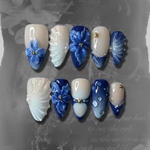 image:imageBABALAL Press On Nails Medium Almond Fake Nails Baby Blue Solid Color Glossy Simple Aesthetic Glue On Nails for Women and Girls 24PcsBFNZ012