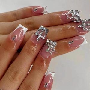 image:imageBABALAL Press On Nails Medium Almond Fake Nails Baby Blue Solid Color Glossy Simple Aesthetic Glue On Nails for Women and Girls 24PcsBFNZ015