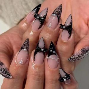 image:imageBABALAL Press On Nails Medium Almond Fake Nails Black Lace Bow with Pearl Charm Glossy Gothic Bridal Y2k Glue On Nails for Women and Girls 24Pcs ReusableBNE20001