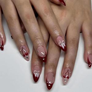 image:imageBABALAL Press On Nails Medium Almond Fake Nails Black Lace Bow with Pearl Charm Glossy Gothic Bridal Y2k Glue On Nails for Women and Girls 24Pcs ReusableBNE221