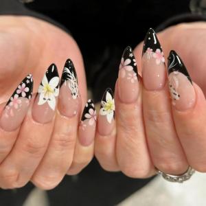 image:imageBABALAL Press On Nails Medium Almond Fake Nails Black Lace Bow with Pearl Charm Glossy Gothic Bridal Y2k Glue On Nails for Women and Girls 24Pcs ReusableBNE20003