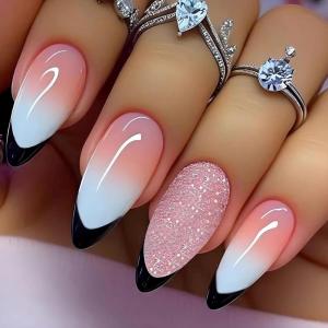 image:imageBABALAL Press On Nails Medium Almond Fake Nails Black Lace Bow with Pearl Charm Glossy Gothic Bridal Y2k Glue On Nails for Women and Girls 24Pcs ReusableBNE208