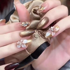 image:imageBABALAL Press On Nails Medium Almond Fake Nails Pink Rose Floral with Cat Eye Bow Accents Glossy Romantic Glue On Nails for Women and Girls 24Pcs ReusableBNKA0701