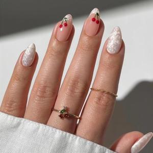 image:imageBABALAL Press On Nails Medium Almond Fake Nails Pink Rose Floral with Cat Eye Bow Accents Glossy Romantic Glue On Nails for Women and Girls 24Pcs ReusableBNKA08