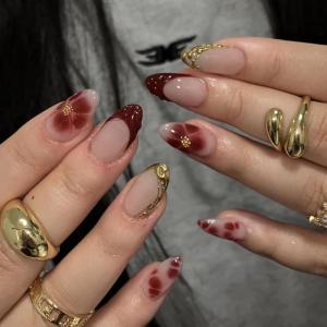 image:imageBABALAL Press On Nails Medium Almond Fake Nails Pink Rose Floral with Cat Eye Bow Accents Glossy Romantic Glue On Nails for Women and Girls 24Pcs ReusableBNKA01