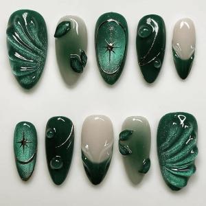 image:imageBABALAL Press On Nails Medium Almond Fake Nails Pink Rose Floral with Cat Eye Bow Accents Glossy Romantic Glue On Nails for Women and Girls 24Pcs ReusableBNKA04green