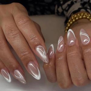 image:imageBABALAL Press On Nails Medium Almond Fake Nails Pink Rose Floral with Cat Eye Bow Accents Glossy Romantic Glue On Nails for Women and Girls 24Pcs ReusableBNKA0703