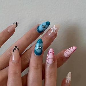 image:imageBABALAL Press On Nails Medium Almond Fake Nails Pink Rose Floral with Cat Eye Bow Accents Glossy Romantic Glue On Nails for Women and Girls 24Pcs ReusableBNKA04