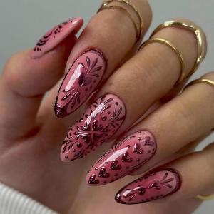 image:imageBABALAL Press On Nails Medium Almond Fake Nails Pink Rose Floral with Cat Eye Bow Accents Glossy Romantic Glue On Nails for Women and Girls 24Pcs ReusableBNKA05pink