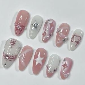 image:imageBABALAL Press On Nails Medium Almond Fake Nails Pink Rose Floral with Cat Eye Bow Accents Glossy Romantic Glue On Nails for Women and Girls 24Pcs ReusableBNKA15