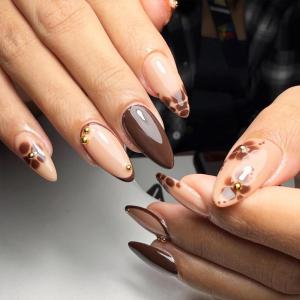 image:imageBABALAL Press On Nails Medium Almond Fake Nails Pink Rose Floral with Cat Eye Bow Accents Glossy Romantic Glue On Nails for Women and Girls 24Pcs ReusableBNKA06brown