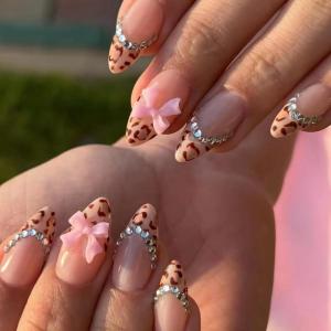 image:imageBABALAL Press On Nails Medium Almond Fake Nails Pink Rose Floral with Cat Eye Bow Accents Glossy Romantic Glue On Nails for Women and Girls 24Pcs ReusableBNKA02cheetah