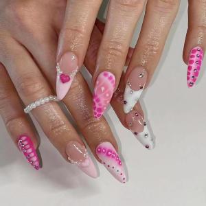 image:imageBABALAL Press On Nails Medium Almond Fake Nails Pink Rose Floral with Cat Eye Bow Accents Glossy Romantic Glue On Nails for Women and Girls 24Pcs ReusableBNKA06y2k