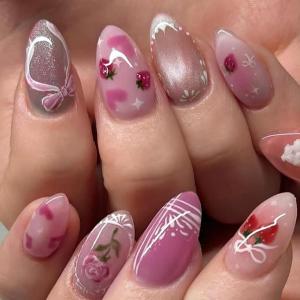 image:imageBABALAL Press On Nails Medium Almond Fake Nails Pink Rose Floral with Cat Eye Bow Accents Glossy Romantic Glue On Nails for Women and Girls 24Pcs ReusableBNKA0702