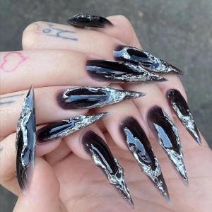image:imageBABALAL Press On Nails Medium Almond Fake Nails Yellow Blue Snake Print with Ombre Design Y2k Glossy Glue On Nails for Women and Girls 24PcsANE02black