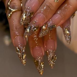 image:imageBABALAL Press On Nails Medium Almond Fake Nails Yellow Blue Snake Print with Ombre Design Y2k Glossy Glue On Nails for Women and Girls 24PcsANE03goldbling