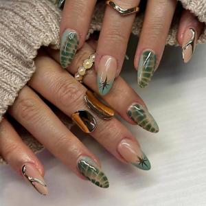 image:imageBABALAL Press On Nails Medium Almond Fake Nails Yellow Blue Snake Print with Ombre Design Y2k Glossy Glue On Nails for Women and Girls 24PcsANE05green