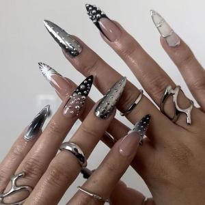 image:imageBABALAL Press On Nails Medium Almond Fake Nails Yellow Blue Snake Print with Ombre Design Y2k Glossy Glue On Nails for Women and Girls 24PcsANE05sliver