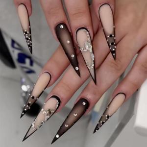 image:imageBABALAL Press On Nails Medium Almond Fake Nails Yellow Blue Snake Print with Ombre Design Y2k Glossy Glue On Nails for Women and Girls 24PcsANE07black
