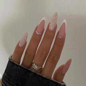 image:imageBABALAL Press On Nails Medium Almond Fake Nails Yellow Blue Snake Print with Ombre Design Y2k Glossy Glue On Nails for Women and Girls 24PcsANE13