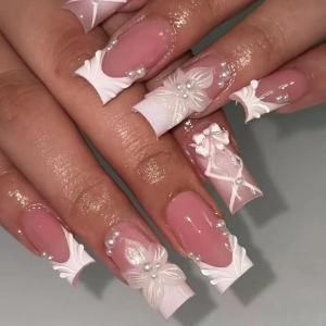 image:imageBABALAL Press On Nails Medium Long Square Fake Nails Hot Pink Ombre Silver Star amp Rhinestone Charm Y2k Glossy Full Cover Glue On Nails For Women And Girls 24PcsFNEB00601