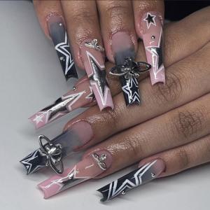 image:imageBABALAL Press On Nails Medium Long Square Fake Nails Hot Pink Ombre Silver Star amp Rhinestone Charm Y2k Glossy Full Cover Glue On Nails For Women And Girls 24PcsFNEB022