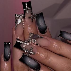 image:imageBABALAL Press On Nails Medium Long Square Fake Nails Hot Pink Ombre Silver Star amp Rhinestone Charm Y2k Glossy Full Cover Glue On Nails For Women And Girls 24PcsFNEB005
