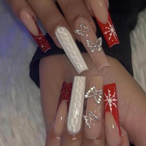 image:imageBABALAL Press On Nails Medium Long Square Fake Nails Hot Pink Ombre Silver Star amp Rhinestone Charm Y2k Glossy Full Cover Glue On Nails For Women And Girls 24PcsFNEB017