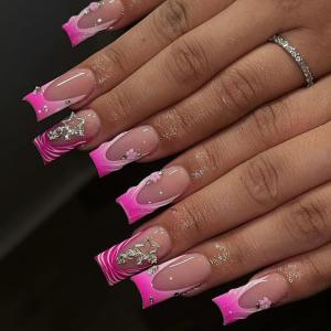 image:imageBABALAL Press On Nails Medium Long Square Fake Nails Hot Pink Ombre Silver Star amp Rhinestone Charm Y2k Glossy Full Cover Glue On Nails For Women And Girls 24PcsFNEB00602