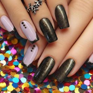 image:imageBABALAL Press On Nails Medium Square Fake Nails Pink Black Gold Glitter with Charm Glossy Glue On Nails for Women and Girls 24Pcs