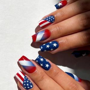 image:imageBABALAL Press On Nails Medium Square Fake Nails Red Blue American Flag with Star Design Glossy 4th of July Patriotic Glue On Nails for Women and Girls 24 Pcs