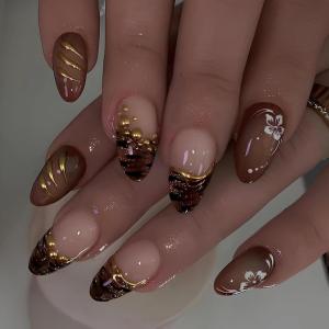 image:imageBABALAL Press On Nails Short Almond Fake Nails Pink Polka Dot amp Plaid Lace Design Glossy Kawaii Glue On Nails For Women And Girls Kids 24PcsFNG101bgold