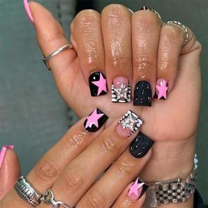 image:imageBABALAL Press On Nails Short Almond Fake Nails Pink Polka Dot amp Plaid Lace Design Glossy Kawaii Glue On Nails For Women And Girls Kids 24PcsFNG102bpstar
