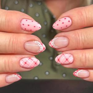 image:imageBABALAL Press On Nails Short Almond Fake Nails Pink Polka Dot amp Plaid Lace Design Glossy Kawaii Glue On Nails For Women And Girls Kids 24PcsFNG10302