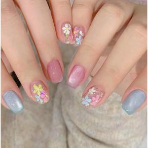 image:imageBABALAL Press On Nails Short Square Fake Nails Nude with Heart amp Green Ombre Design Glossy Minimalist Glue On Nails for Women and Girls Kids 24PcsP104flower
