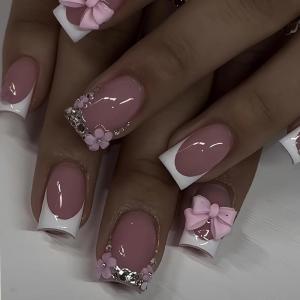 image:imageBABALAL Press On Nails Short Square Fake Nails Pink White French Tip with 3D Bow amp Rhinestone Design Glossy Elegant Glue On Nails for Women and Girls 24Pcs